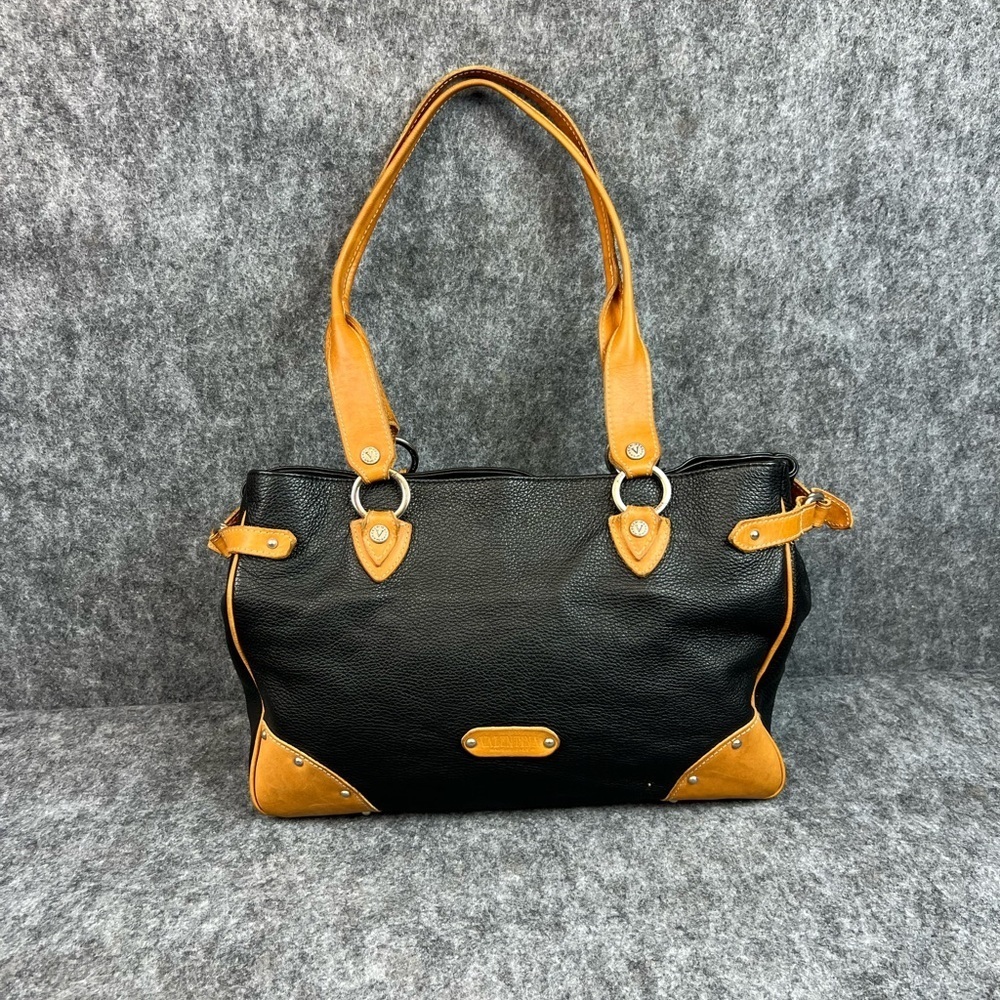 VALENTINA Mocha Leather Large Black and Tan Shoulder Bag Tote Bag Made In Italy - Picture 12 of 12